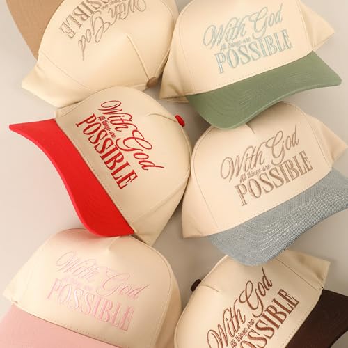 MIRMARU Christian Theme 5 Panel Embroidered Cotton Trucker Hat with Inspirational Faith Sayings for Men and Women - color: With God All Possible, Red