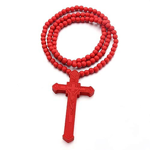 DATOA Religious Wooden Cross Large Big Jesus Crucifix Pendant Natural Wood Natural Rosary Colorful Beads Chain Necklace Christian Prayer Baptism Jewelry Easter Gift For Men Women - color: Red