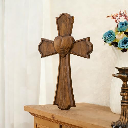 BGCarvedGrace Wooden Wall Cross with Heart Center - size: 14"L x 9"W
