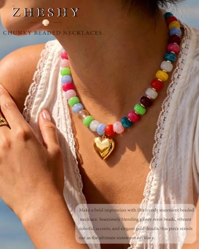 ZHESHY Chunky Beaded Necklaces for Women Heart Cross Statement Necklace - color: Multicolor 2