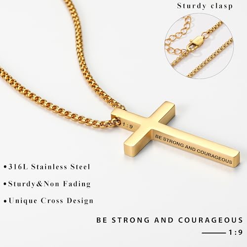 Avotto 316L Stainless Steel Bible Verse Cross Necklace Religious Jewelry Gifts for Men Boys, Silver Gold Black Mens Boys Necklace Non-Fading Sturdy Box Chain with Inspirational Cross Pendant 18+2Inch - color: Gold, style: 1:9
