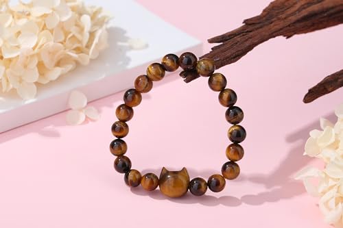 XIANNVXI Crystal Bracelet for Women Men 8 mm Natural Stone Beaded Bracelets Cat Bracelets Cross Bracelets Heart Bracelelt Jewelry for Women Birthday Gifts Stretch Bracelet - color: Yellow - Tiger Eye