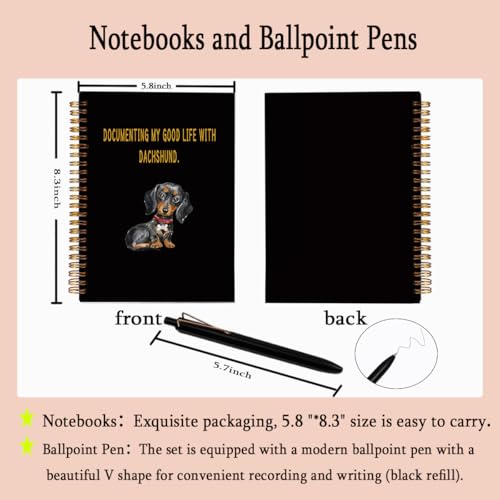 Dachshund Spiral Notebook with Pen Set - A5 College Ruled Lined Journal, Hardcover Dog Theme Diary for Women Girls, Writing Office Supplies Gift for Pet Lovers, 80 Sheets - color: Black222