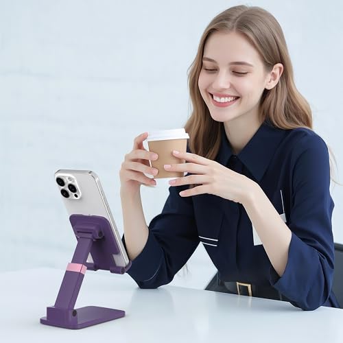 Cell Phone Stand for Desk, Adjustable Height & Angle Phone Holder, Foldable Portable Stand with Anti-Slip Silicone Pad, Compatible with iPhone and All Smartphones 4–8 Inch, Purple - color: Purple