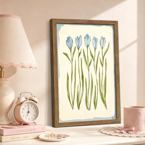 Botanical Blue Tulip Wall Art Framed Canvas Painting, Minimalist Floral Print Poster Picture, Rustic Farmhouse Flower Wall Decor Oil Paintings for Bedroom Living Room Bathroom Office Decor 16x24 Inch - color: A-Blue Tulips, size: 24"L x 16"W