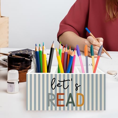 Reading Room Decor Pen Pencil Holder Organizer for Desk, Let's Read Boho Classroom Wooden Box Signs Decorations for Reading Corner Nook Room Library Desk Tabletop, Book Lover Reader Gifts - color: Color43