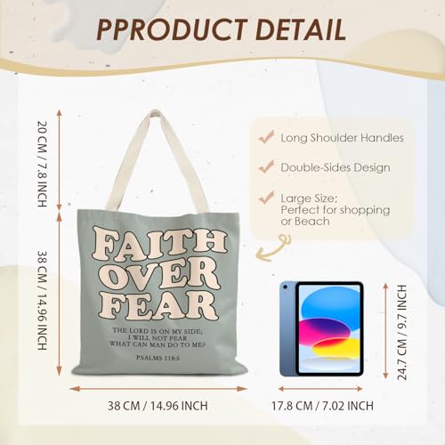 Walk by Faith Christian Canvas Tote Bags for Women, Christian Gifts for Women Faith, Bible Verse Gifts - color: Faith Over Fear