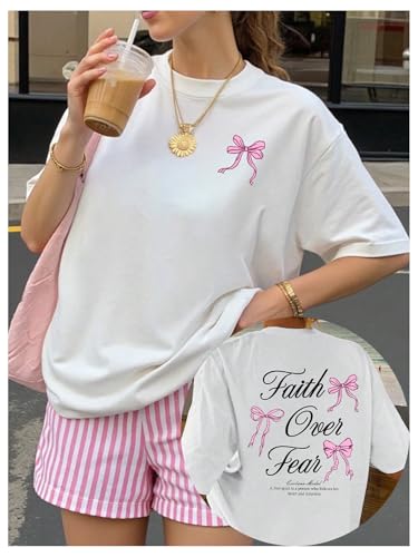 SweatyRocks Women's Bow Shirt Oversized Letter Graphic Tees Cute Tops Trendy Bible Verse Religious T Shirts - color: White, size: X-Large
