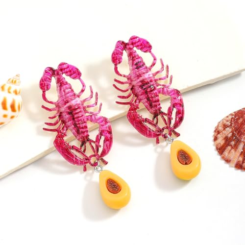 Creative Exaggerated Ocean Animal Drop Dangle Earrings for Women, Bohemia Style Alloy Lobster Octopus Fish Crab Earrings for Summer Beach Holiday Party Jewelry Gifts - style: Pink Lobster Earrings-E