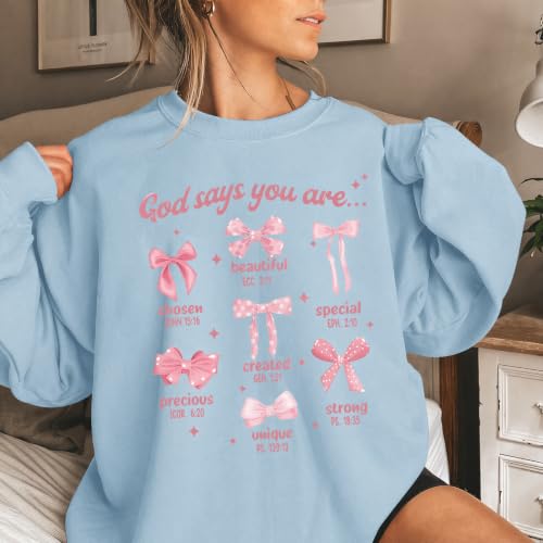 Christian Bow Sweatshirt for Women God Jesus Bible Verse Sweatshirts Cute Bow Graphic Coquette Long Sleeve Shirts - color: Sky Blue, size: Small