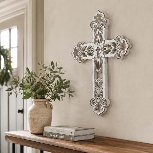 Comfy Hour 13.3 Inch Vintage White Cross Wall Decor, Scrollwork Wall Cross - color: Antique White