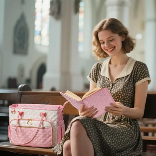 Large Bible Bag with Bible Cover Case for Women,Color-Blocking Quilted Church Tote Bag with Shoulder Strap, Christian Gifts for Women (Pink) - color: Beige/Pink