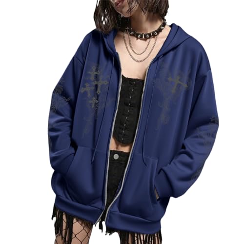 Zip Up Hoodies Y2k Jacket Graphic Gothic Jackets Grunge Cross Hoodie Baggy Streetwear Emo Sweater Aesthetic Clothes - color: Navy Blue, size: Medium
