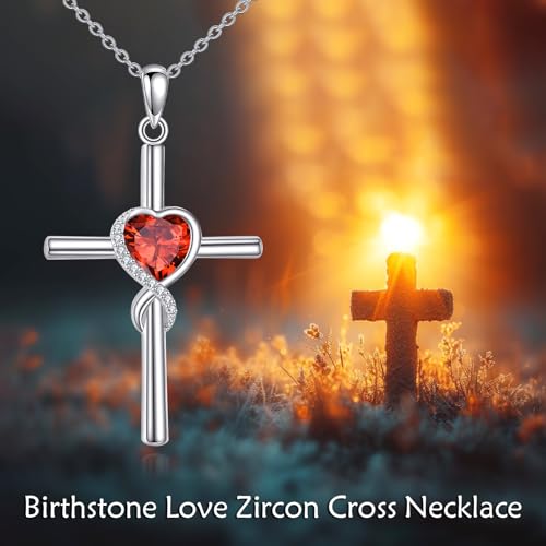 S925 Sterling Silver Cross Necklace for Women Birthstone Necklace Heart Infinity Cross Pendant Necklace Christmas Valentines Day Gifts Birthday Holiday Gifts for Her, 18"+2" Inches - color: 01-Jan Birthstone - Garnet