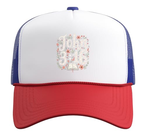 John 3:16 Bible Verse Flowers Christian Religious Women Trucker Hat with Adjustable Mesh Back - color: Red/White/Royal Blue