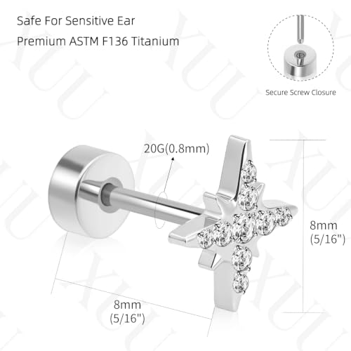 XUU 20G Flat Back Stud Earrings ASTM F136 Titanium & Sparkling CZ - color: silver cross star
