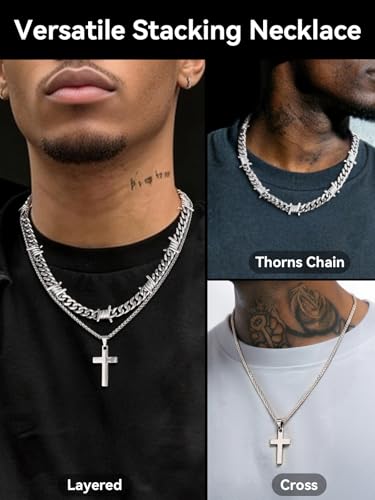 ChainsHouse Mens Cross Necklace Stainless Steel Layered Chain Cross Pendant - color: Silver