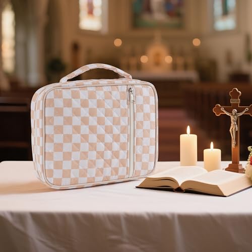 Bible Cover Case for Women Large Checkered Bible Bag Organizer Quilted Study Supplies Accessories Carrying Cases for Girls Portable Tote Bag Christian Gifts - color: Beige and White