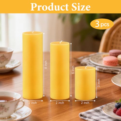 Beeswax Pillar Candles Set of 3, 2 x 3/6/8 Inch, Light Natural Honey Aroma, Smokeless Long Burning for Home Decor, Wedding, Church, Meditation & Emergency Use