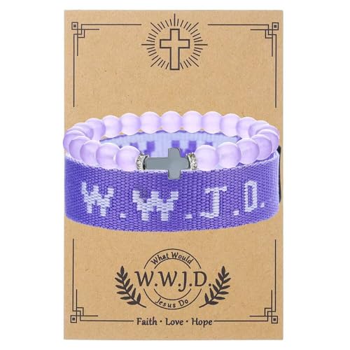 WWJD Bracelets Set WWJD Wristbands Christian Cross Bracelet Stackable Clay Bead Bracelets Stretch Glass Beaded Inspirational Christian Jewelry Gift for Couples Women Men - color: 2 Pcs Purple