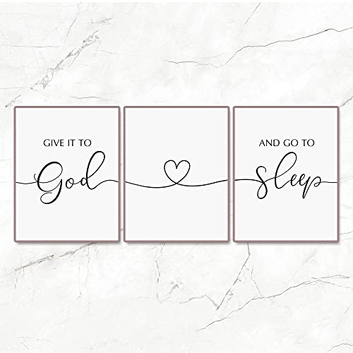 OFlyDesigns Christian Bedroom Wall Decor, Give It to God and Go to Sleep Wall Art, Faith Based Home Accent, 3 Piece Scripture Inspired Set for Prayer Room, Women, Family and Housewarming Gift
