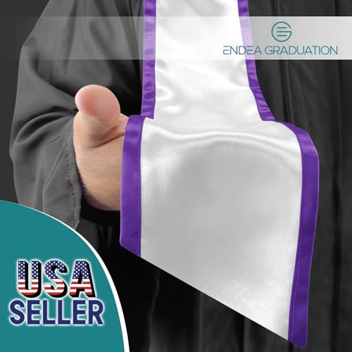 Endea Graduation Plain Honor Stole With Trim Color & Angled End Adult Unisex 72" - color: White/Purple