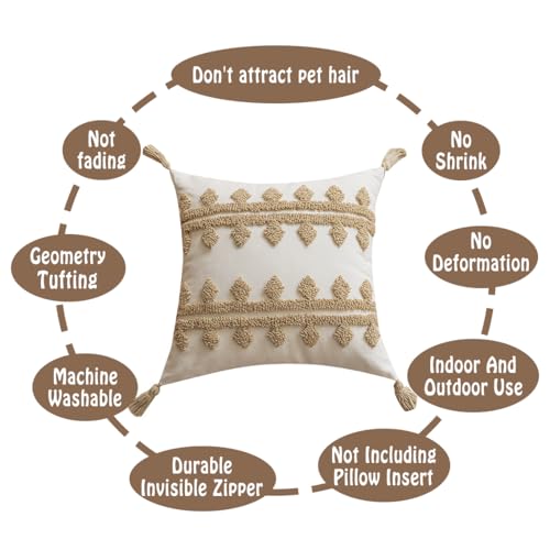 NIDITW Tufting Throw Pillow Cover 18x18 Inches Geometric Stripe Boho Luxury Home Decor Jacquard Embroidered Cushion Case with Handmade Tassels Soft Fluffy for Farmhouse Couch Sofa (Striped Khaki) - color: Striped Khaki