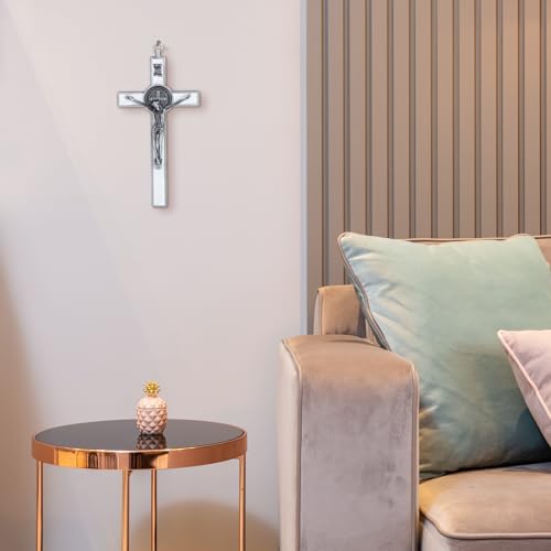 KOMI 7.5" Metal Crucifix Wall Cross with White Enamel Catholic Jesus Cross - color: White-Silver