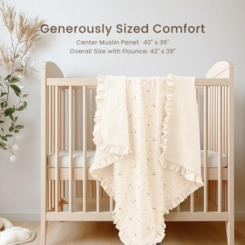 Konssy 100% Cotton Muslin Baby Blanket with Ruffle Trim for Girls, 43"x39" - color: Moon