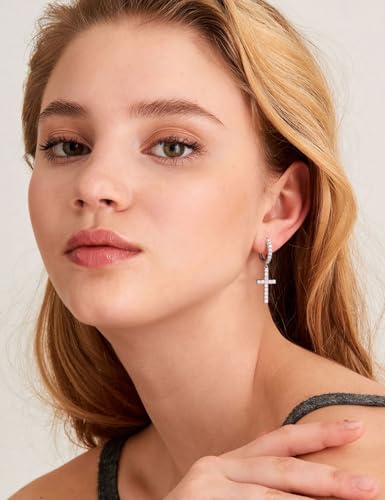 Moissanite Sterling Silver Cross Earrings for Women Huggie Drop - color: Cross Dangle (Silver)