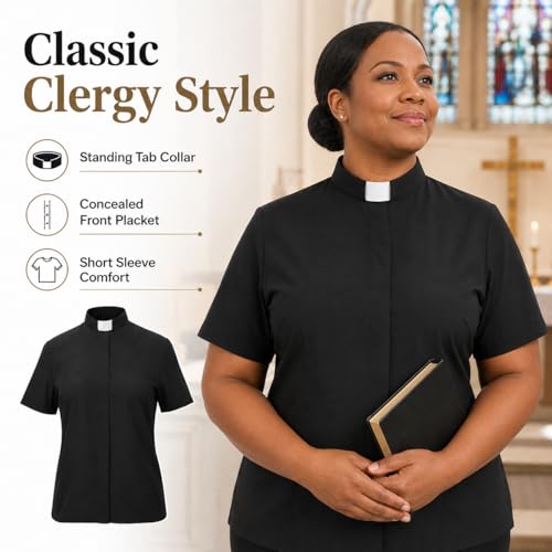 Women’s Clergy Shirt Tab Collar Shirt with Collar Insert Long Sleeve and Short Sleeve Ministry Blouse Pastor - color: Black 01 (Short Sleeves), size: 5X-Large