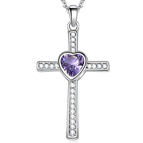 JUDE Stainless Steel Heart Birthstone Cross Statement Wedding Cocktail Party Pendant Necklace - color: Jun-Alexandrite