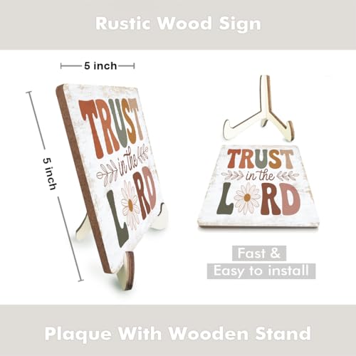 Christian Gifts Desk Decor, Rustic Wood Sign, Boho Faith Religious Bible Verse Quotes Decorative Desk Accessories for Home Bedroom Decor Office Accessories Cute Bohemian Table Bookshelf Wooden Sign - color: TrustInTheLord