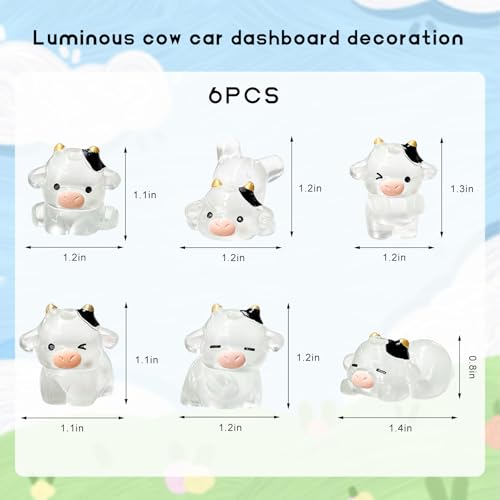 6 PCS Cute Luminous Cow Car Dashboard Decor Set, Funny Resin Cows Figurines Rear View Mirror Ornament, Mini Cartoon Animal Decoration Touchscreen Top Accessories for Women Men