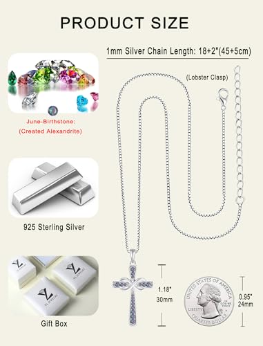 YL 925 Sterling Silver Cross Necklace for Women Halo Infinity Pendant Cubic Zirconia Jewelry for Mom - color: 06-alexandrite-Jun
