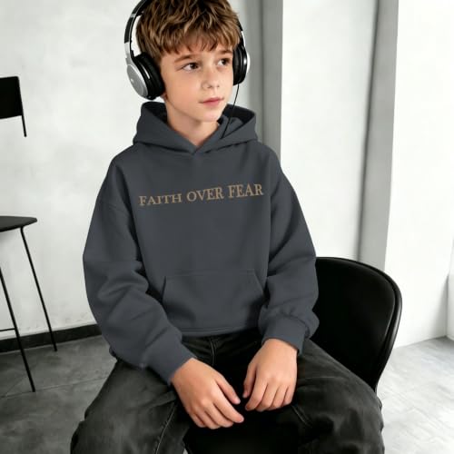 Fkatuzi Boys Christian Faith Over Fear Hoodie Kids Jesus Sweatshirt Faith Verse Bible God Religious Graphic Hoodies Pullover - color: Deep Gray, size: 5-6 Years