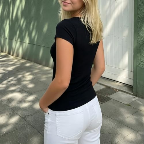 Women Deep V Neck Cross Wrap Top Cap Sleeve Slim Fit Basic Crop Tee - color: Black, size: Medium