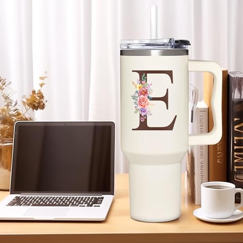 Personalized Gifts for Women, Customized Mother's Day, Birthday, Xmas Gift For Grandma, Mom, Wife, Friends, Sisters, Coworkers, Monogrammed Tumbler 40oz with Lid and Straw - color: E