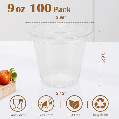 BYSNOW 100 Pack 9 oz Clear Plastic Dessert Cups with Flat Lids Disposable