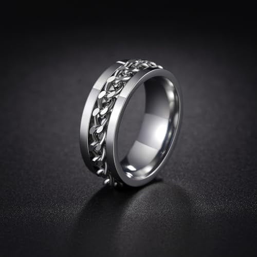 Mens Fidget Rings Anxiety Ring for Men 6mm 8mm Chain Spinner Ring Size 5-14 - color: Silver Silver