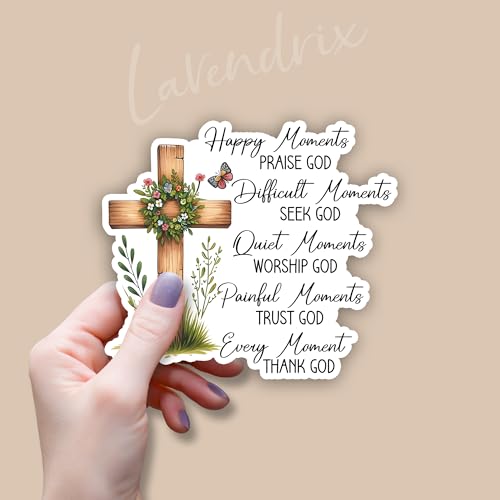 (3Pcs) Happy Moments Praise God Difficult Moments Seek God Every Moment Thank God Christian Sticker Inspirational Motivational Bible Verse Vinyl Decal for Laptop Water Bottles Book -Size 3x2.7