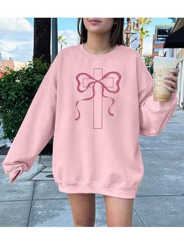 FRYAID Christian Sweatshirt Women Faith Over Fear Christian Religious Sayings Pullover Shirt Letter Print Long Sleeve Tops - color: B-pink, size: Large