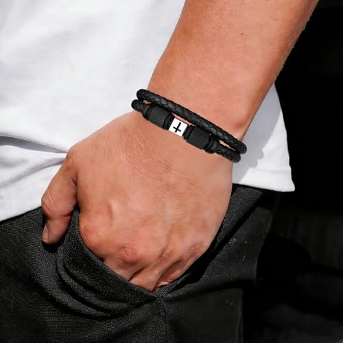 Leather Bracelet for Men, Viking & Christian Cross Jewelry Gift