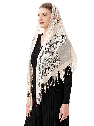 PAMOR Triangle Catholic Church Veil Chapel Veil Scarf Mantilla Veils Wrap Shawl Mass Head Covering with Fringe Trim - color: Ivory