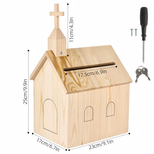 Offering Boxes for Church, Cross Prayer Request Box with Slot and Lock, Pine Wood Collection Box for Tithes & Offerings, Wall Mounted or Countertop 9.1"x6.7"x13.4"
