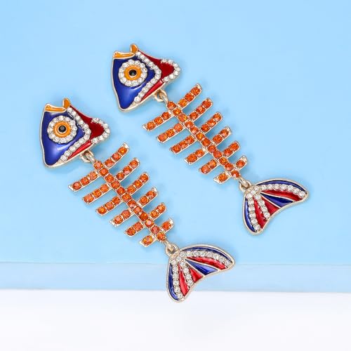 Fish Bone Earrings Drip Oil Animal Earrings Colorful Crystal Sparkly Enamel Earrings Creative Long Fishbone Earstud Dangle Fish Drop Earrings Jewelry for Women - color: Red-1
