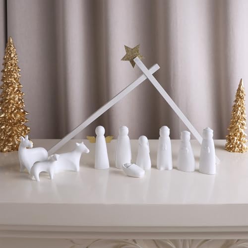 Juegoal Christmas Nativity Sets, Set of 11 White Mini Nativity Scene Resin Figurines, Xmas Holy Family Table Ornaments, Religious Holiday Collection Gifts, Baby Jesus Nativity Mantle Shelf Decor