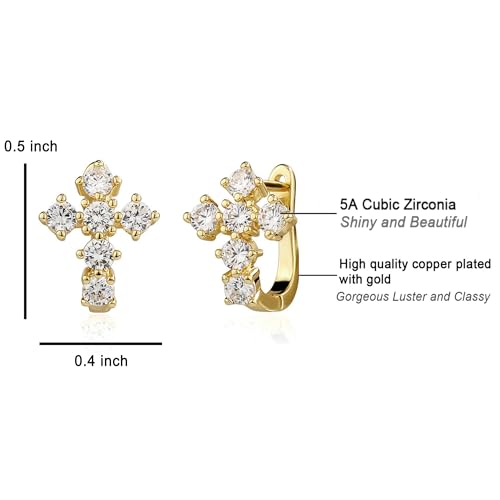 Diamond Hoop Cross Earrings, 925 Sterling Silver Earrings CZ Huggie Hoops - color: Gold