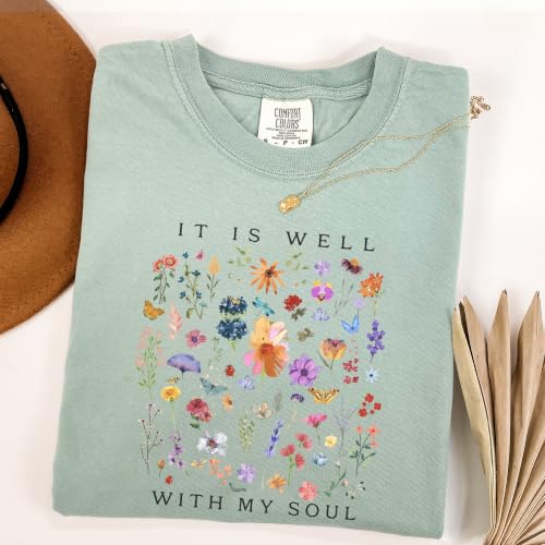 FITIN It is Well with My Soul Garment-Dyed T-Shirt, Vintage Floral Faith Graphic Tee, Christian Inspirational T-Shirt - color: Bay, size: Small