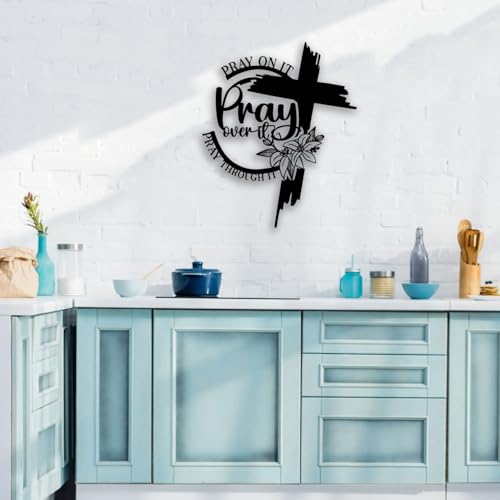 Cross "Pray Over It" Flower Metal Wall Decor - Christian Room Decor Inspirational Wall Art Home Decor for Living Room, Bedroom, Dining Room, Bathroom, Office (Black)